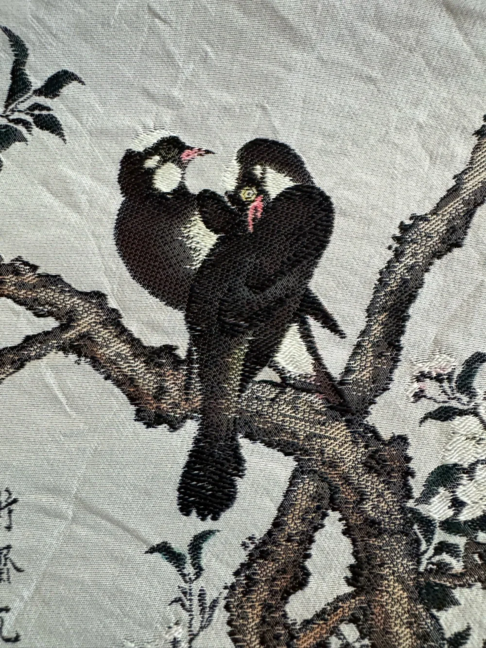 Chinese Silk Brocade Wall Hanging with Flower & Bird Motif - Vintage